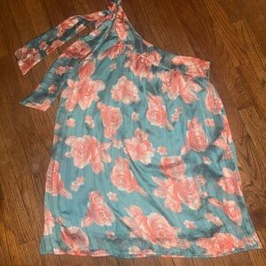 One-Shoulder Floral Midi Dress in Teal and Coral